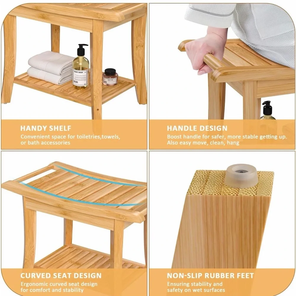 Zhuoyue Bamboo Spa Bath Shower Stool & Bench with Storage Shelf, Shower Bath